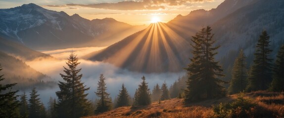 Wall Mural - majestic sunrise illuminating misty alpine forest with coniferous trees and mountain peaks, creating
