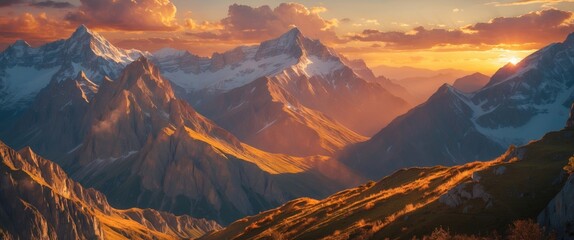 Poster - dramatic sunset over majestic mountains bathed in golden light showcasing nature's beauty and sereni