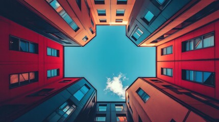 Poster - A dramatic upward view of modern buildings forming a square, illuminated by sunlight.