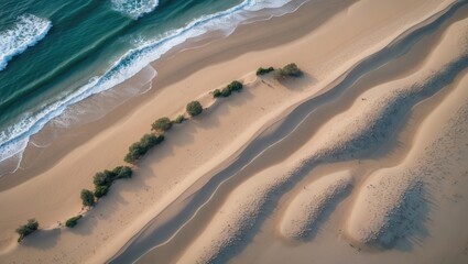 Poster - Aerial View of Serene Beach Landscape with Gentle Waves and Sand Dunes Ideal for Text Overlay or Nature-themed Designs