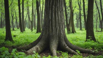 Poster - Majestic tree trunk with wide roots surrounded by lush green forest and soft sunlight creating an inviting natural ambiance for text.
