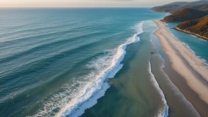 Poster - aerial landscape of serene waves and sand beach under soft sunset light