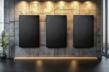 Poster - modern minimalist art gallery interior with blank black frames on concrete wall, creative space desi