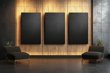 Poster - Modern Gallery Interior with Three Black Frames on Wooden Wall and Two Stylish Green Armchairs Surrounded by Indoor Plants