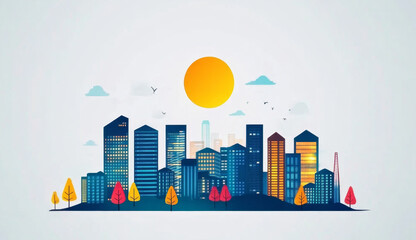 Aufkleber - Vibrant city skyline features diverse buildings and colorful trees beneath a bright sun. Cloud formations add to the dynamic sky, illustrating a moment of energy and ecological balance in urban life.