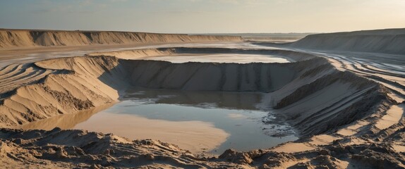 Poster - Serene Sand Pit Landscape with Shallow Water Reflections and Vast Copy Space for Creative Text or Design Elements