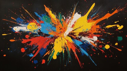 Fototapete - A dynamic explosion of vivid paint splatters on a dark background, modern abstract art