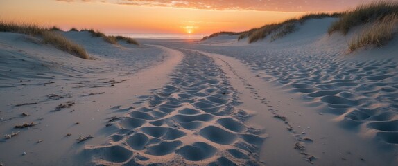 Poster - sandy path leading to sunset over beach with dunes and tranquil horizon capturing serene coastal lan