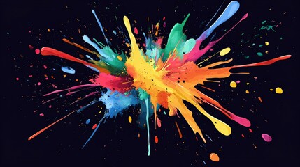 Fototapete - A dynamic explosion of vivid paint splatters on a dark background, modern abstract art