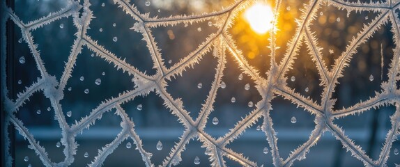 Wall Mural - Intricate frost patterns on a window illuminated by the sun creating a beautiful winter scene with drops of water.