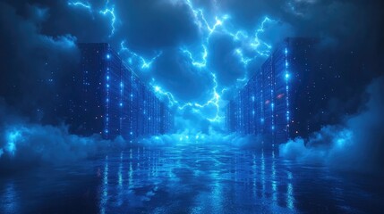 Poster - Futuristic data center surrounded by glowing blue lightning and clouds, perfect for illustrating advanced cloud computing, energy dynamics, and digital power