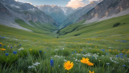 Wall Mural - breathtaking alpine landscape with colorful wildflowers in the caucasus mountains during golden hour
