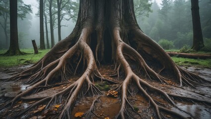 Poster - Misty Forest Landscape Featuring The Above Ground Roots Of An Ancient Tree With Space For Text Overlay In A Serene Natural Setting