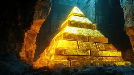 Poster - A glowing pyramid of gold bars stacked in a dimly lit ancient stone chamber