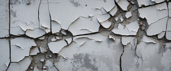 Canvas Print - Close up of a weathered gray wall featuring cracked paint and peeling layers, showcasing a vintage grunge texture with copy space available.