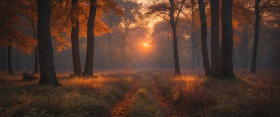 Poster - serene autumn sunrise over enchanted forest pathway with golden leaves and soft mist
