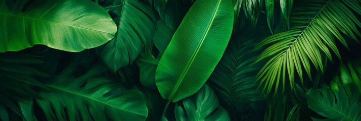 Poster - Lush green tropical leaves forming a vibrant and textured natural background, capturing the essence of dense rainforest foliage and the beauty of exotic flora
