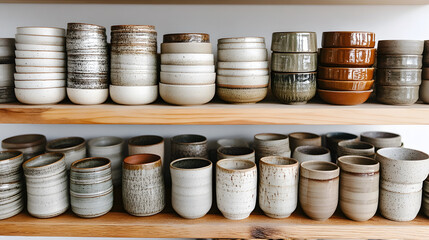 Poster - A collection of artisanal ceramic cups displayed on wooden shelves, showcasing various textures and colors
