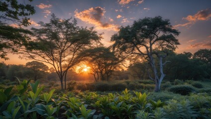 Poster - tranquil sunrise over lush trees and plants captured in a long exposure photograph