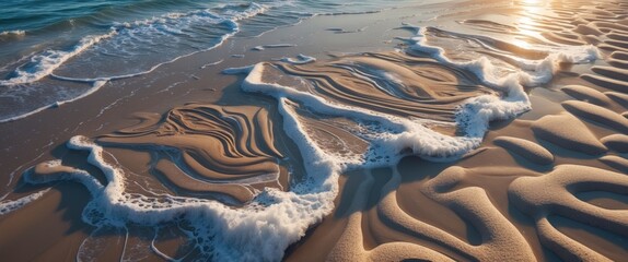 Poster - intricate sand patterns shaped by the tide alongside gentle ocean waves at sunrise creating a serene