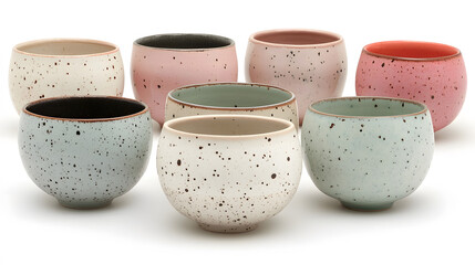 Poster - A collection of colorful, speckled ceramic bowls arranged in a visually appealing manner, showcasing various pastel shades