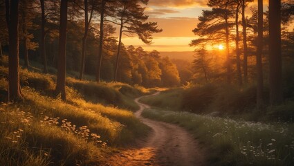 Poster - serene sunset walk on a trail surrounded by trees with space for text and natural landscape beauty