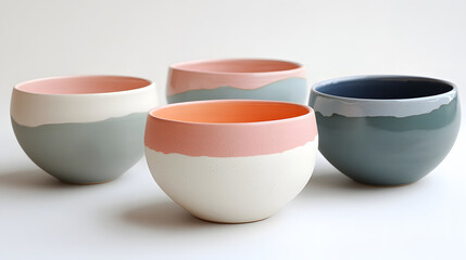 Poster - Four stylish ceramic bowls in pastel colors, showcasing smooth finishes and unique designs, perfect for modern home décor