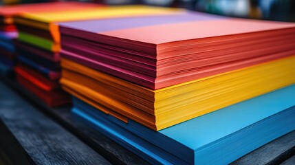 Poster - A mix of vivid paper stacks on a smooth wooden board, capturing an artistic and organized office setting