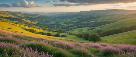 Wall Mural - serene countryside landscape with vibrant green hills and blooming wildflowers at sunset capturing t