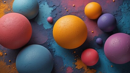 Canvas Print - Colorful geometric spheres on textured background creating an artistic abstract design ideal for modern creative projects and wallpapers.