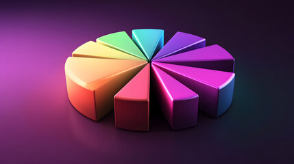 Fototapete - 
3D vector pie chart infographic template, semicircle form, divided into nine parts, smooth glowing texture, highly vibrant colors ranging from deep purple to neon green, modern and clean design, high