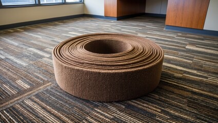 Poster - Coil of brown wall-to-wall office carpet on installed flooring in modern office space showcasing interior design and flooring options