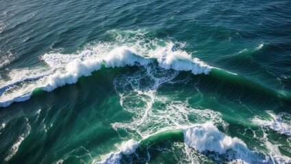 Poster - Aerial View of Turquoise Ocean Waves Crashing Creating Foam Patterns with Sunlight Reflections in the Water Surface