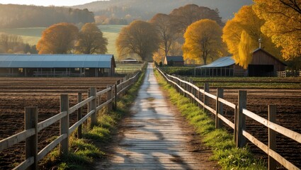 Poster - scenic autumn farm landscape with a tranquil walkway lined by rustic fences and vibrant trees under 