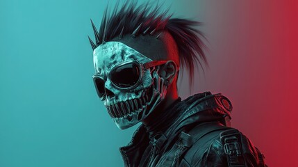 Poster - A futuristic character with a skull mask and spikes, embodying a cyberpunk aesthetic.