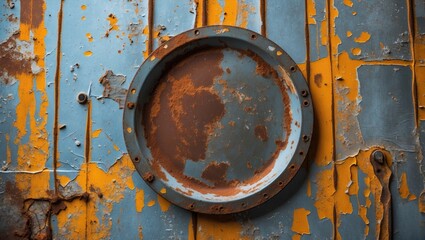 Poster - Detailed close-up of a rusty, weathered round plate against a peeling blue and orange background, showcasing texture and industrial design.