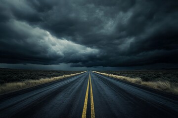 stormy highway vanishing point, dark clouds, desert landscape, travel danger