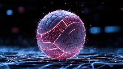 Wall Mural - A futuristic and surreal digital of a glowing volleyball in mid flight surrounded by a neon gradient effect and dynamic lighting