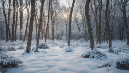 Poster - winter landscape of a serene snowy forest floor with tall trees illuminated by soft sunlight creatin