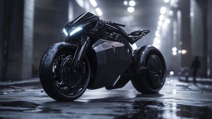 Aufkleber - A futuristic motorcycle displayed in a dimly lit urban environment.