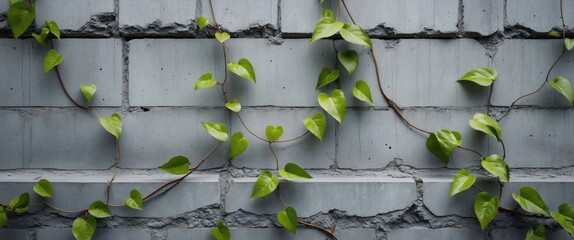 Canvas Print - Cement wall adorned with green vine leaves creating a natural contrast ideal for text overlay in a close-up composition.