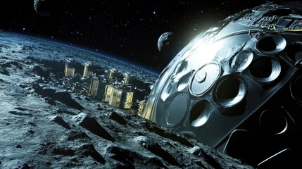 Poster - A futuristic lunar landscape featuring a space habitat and celestial bodies.