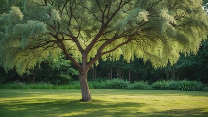 Poster - Graceful Acacia Tree in Lush Summer Garden Surrounded by Vibrant Green Grass and Rich Forest Backdrop Perfect for Nature Lovers
