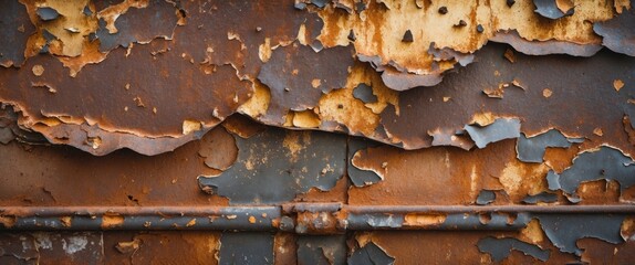 Poster - close-up of a weathered rusty metal surface featuring peeling paint in shades of brown and gold, sho