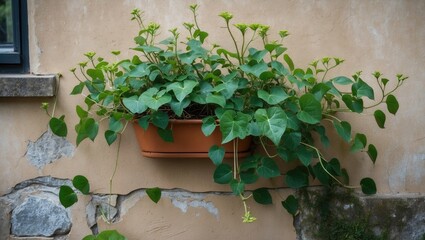 Poster - Syngonium aurea plant thriving in a wall planter showcasing vibrant green foliage and climbing growth against a rustic background.