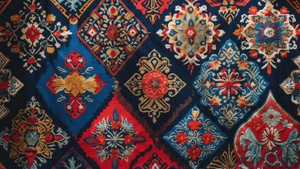 vibrant closeup of traditional central asian fabric showcasing intricate national ornaments and colo