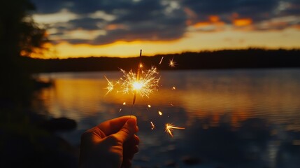 Canvas Print - Sparkler at Sunset over a Serene Lake: A Golden Moment of Nature's Beauty