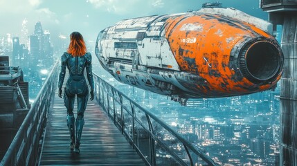 Poster - A futuristic scene with a figure walking towards a spaceship over a cityscape.
