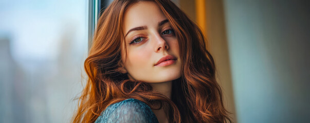 Wall Mural - Young woman with wavy hair gazes thoughtfully by the window in soft afternoon light