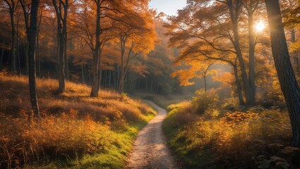 Wall Mural - Scenic Autumn Hiking Trail Through Enchanting Woodland Bathed In Warm Sunlight Natural Beauty And Tranquility In Nature Landscape Photography